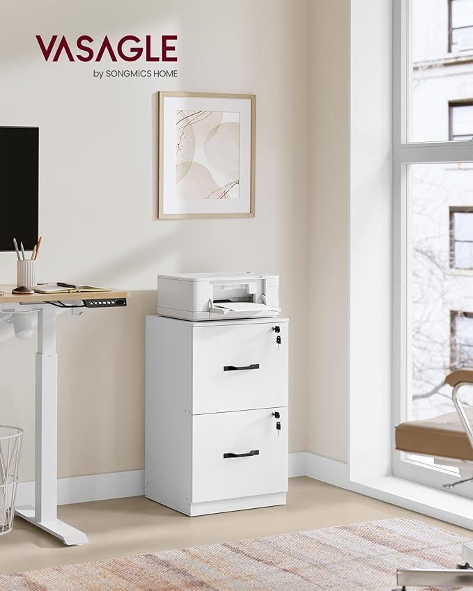 VASAGLE 2-Drawer Vertical File Cabinet, Filing Cabinet for Home Office, Printer Stand, with 2 Lockable Drawers, Adjustable Hanging Rail, for A4 and Letter-Size Files, Cloud White UOFC016W14
