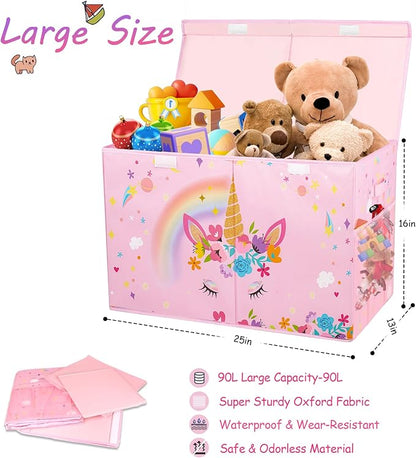 Large Toy Box Chest, Collapsible Sturdy Toy Storage Organizer for Kids, Boys, Girls, 25"x13"x16" Toy Chest Storage Bins with Lids Toy Bins Baskets Boxes for Living Room, Playroom, Nursery, Pink