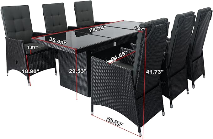 7-Piece Patio Dining, Outdoor Conversation Furniture Set with Adjustable Backrest Wicker + Dark Grey Cushion for Backyard, Balcony and Garden, Zj-Black