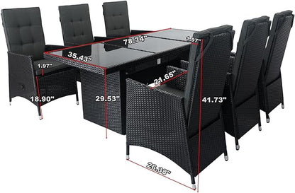 7-Piece Patio Dining, Outdoor Conversation Furniture Set with Adjustable Backrest Wicker + Dark Grey Cushion for Backyard, Balcony and Garden, Zj-Black