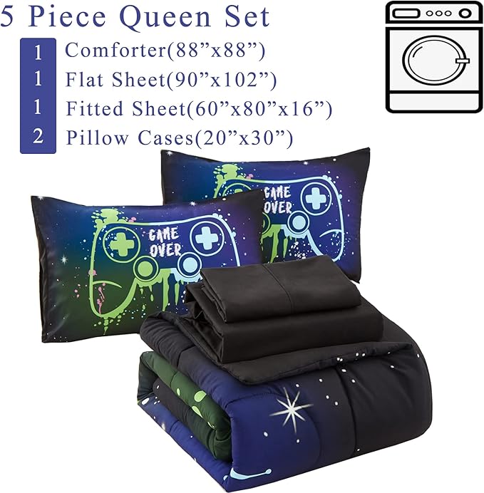 KAKKI Kids Gaming Bedding Sets Queen Size for Boys Teen, 5 Piece Bed in a Bag Gamer Comforter Set with Sheets, 3D Colorful Game Controller Comforter, All Season Soft Microfiber Bed Set(Blue,Queen)