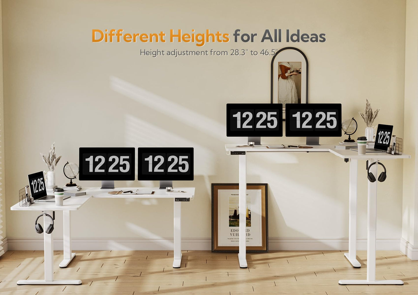 Claiks L Shaped Standing Desk Adjustable Height, Dual Motor Electric Corner Standing Desk, 63x55 inch Sit Stand up Desk with Splice Board, White