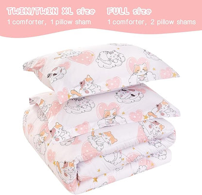 Cat Kids Comforter Set for Girls Twin, Cute Quilted Pink Heart Printed Bedding Set with Pillow Sham, Lightweight Soft Breathable Machine Washable Bed Set 2 Piece