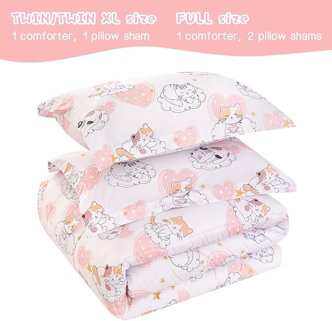 Cat Kids Comforter Set for Girls Full Size, Cute Quilted Pink Heart Printed Bedding Set with Pillow Sham, Lightweight Soft Breathable Machine Washable Bed Set 3 Piece