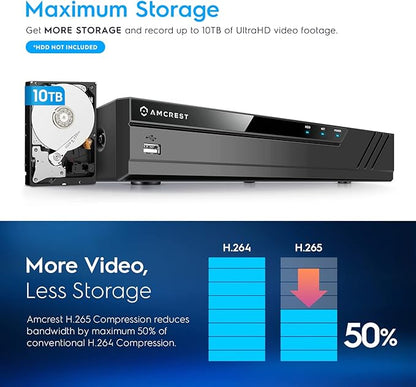 Amcrest NV4108E-A2 4K 8CH POE NVR (1080p/3MP/4MP/5MP/8MP) POE Network Video Recorder - Supports up to 8 x 8MP/4K IP Cameras, 8-Channel Power Over Ethernet Pre-Installed 4TB Hard Drive (NV4108E-4TB)