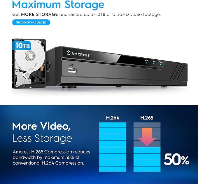Amcrest NV4108E-A2 4K 8CH POE NVR (1080p/3MP/4MP/5MP/8MP) POE Network Video Recorder - Supports up to 8 x 8MP/4K IP Cameras, 8-Channel Power Over Ethernet Supports up to 10TB HDD (Not Included)