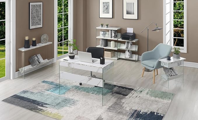 Convenience Concepts SoHo 1 Drawer Glass 36 inch Desk, White Faux Marble/Glass