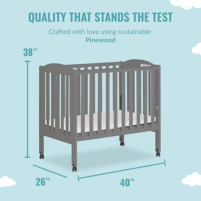 2-in-1 Portable Folding Stationary Side Crib in Storm Grey, Greenguard Gold Certified, Two Adjustable Mattress Height Positions,Made of Solid Pinewood, Flat Folding Crib