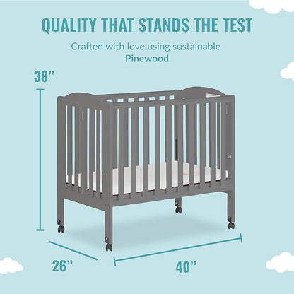 2-in-1 Portable Folding Stationary Side Crib in Storm Grey, Greenguard Gold Certified, Two Adjustable Mattress Height Positions,Made of Solid Pinewood, Flat Folding Crib