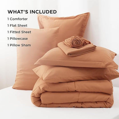 Bedsure Burnt Orange Twin Comforter Set - 5 Pieces Solid Twin Bed in a Bag, Twin Bed Set Burnt Orange with Quilted Warm Fluffy Comforters, Sheets, Pillowcase & Sham
