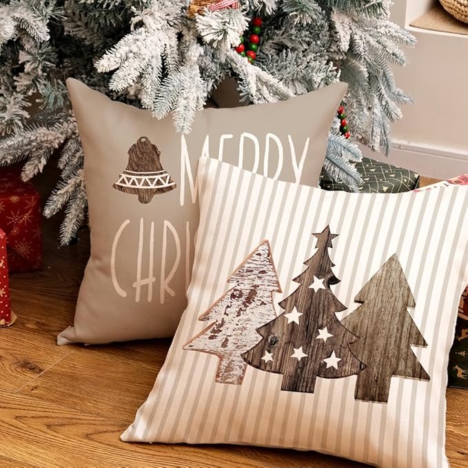 GEEORY Christmas Pillow Covers 20 x 20 Inch Set of 4, Striped Wooden Tree Snow Sleigh Merry Bright Xmas Holiday Decor Decorative Throw Cushion Case Decoration for Home Party Sofa Couch (Brown)