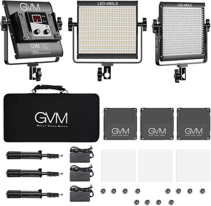 GVM 3 Pack LED Video Lighting Kits with APP Control, Bi-Color Variable 2300K~6800K with Digital Display Brightness of 10~100% for Video Photography, CRI97+ TLCI97 Led Video Light Panel +Barndoor