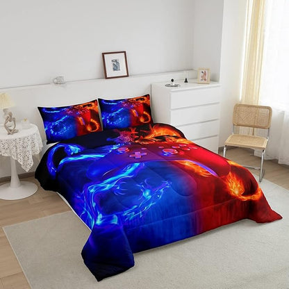 Ice Fire Dragon Comforter Set for Boys Teens Kids Gamer Games Room Decor Bedding Set Blue Red Gaming Gamepad Down Comforter ,Fairy Tale Animals Theme Room Decor 2Pcs Duvet Insert King Size,Soft