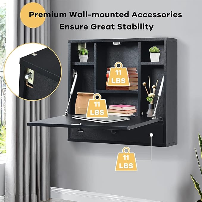 2 in 1 Foldable Tabletop, Folding Wall Mount Laptop Storage Compartments Space Saving Floating Desk, Black