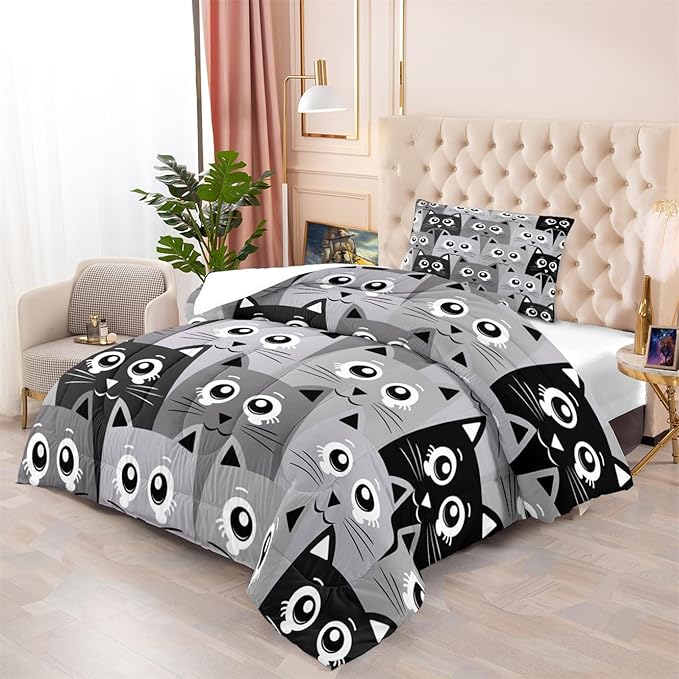 Cat Comforter Set Twin Size - 2Pcs Grey Cat Bedding Set for Boys Girls Teens Cute Animals Themed Bedding Set Warm Ultra Soft Cartoon Cat Quilt Cover with 1 Pillowcase for Kids Room Decor