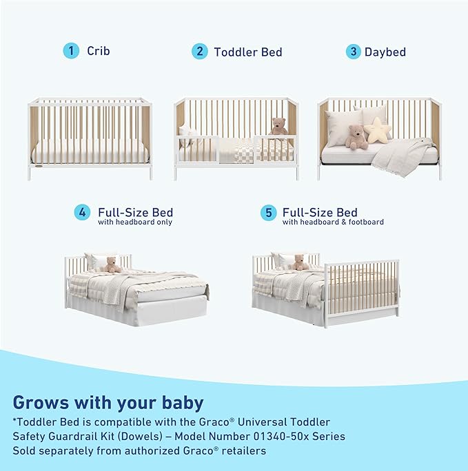 Graco Teddi 5-in-1 Convertible Crib (White with Driftwood) – GREENGUARD Gold Certified, Converts to Daybed, Toddler & Twin Bed with Headboard and Footboard, Adjustable Mattress Height