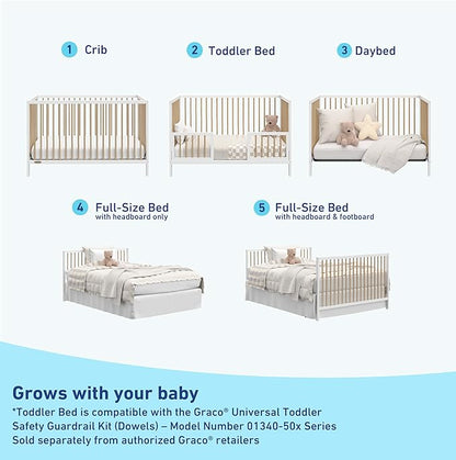 Graco Teddi 5-in-1 Convertible Crib (White with Driftwood) – GREENGUARD Gold Certified, Converts to Daybed, Toddler & Twin Bed with Headboard and Footboard, Adjustable Mattress Height