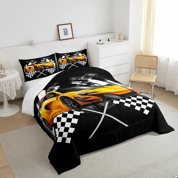 Yellow Race Car Comforter Set Full Size, Black and White Grid Quilt Set Extreme Sport Games Bedding Comforters 3pcs for Kids Teens Boys Room Decor,Soft Modern Duvet Set with 2 Pillowcases