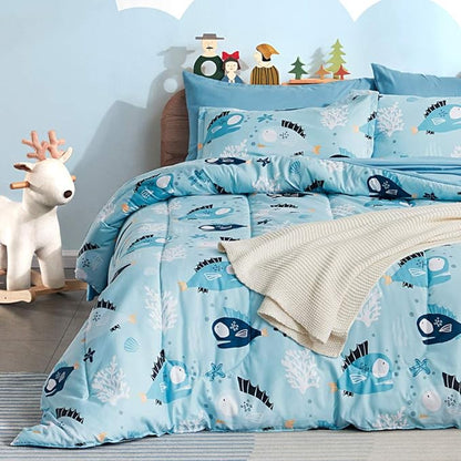 SLEEP ZONE Kids Bedding Comforter Set Full/Queen Size - Super Cute & Soft Kids Bedding 7 Pieces Set with Comforter, Sheet, Pillowcase & Sham (Little Fish)