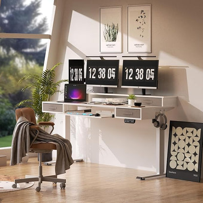 Electric Standing Desk, Multifunctional Standing Desk Adjustable Height, 63 * 24 Standing Desk with 4 Drawers, Ergonomic Adjustable Standing Desk with Keyboard Tray, Snow White