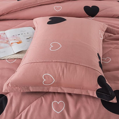 Love Pattern Girls Pink Comforter Set Twin Size, Cameo Brown Cute Love Heart Print Sexy Comforter Bedding Set for All Seasons, Geometric Soft Microfiber Comforter Set with Pillowcase