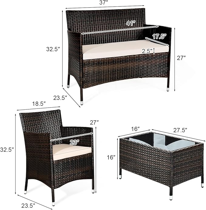LUARANE 4-Piece Rattan Patio Furniture Set, Outdoor Wicker Sofa Couch Table Set, w/Thick Seat Cushions Tempered Glass Coffee Table, Conversation Set for Lawn Garden Poolside Backyard (Brown)