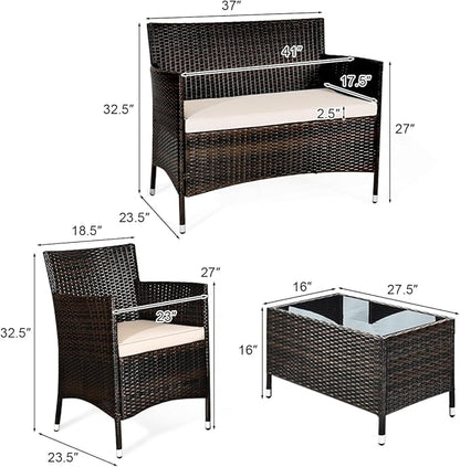 LUARANE 4-Piece Rattan Patio Furniture Set, Outdoor Wicker Sofa Couch Table Set, w/Thick Seat Cushions Tempered Glass Coffee Table, Conversation Set for Lawn Garden Poolside Backyard (Brown)
