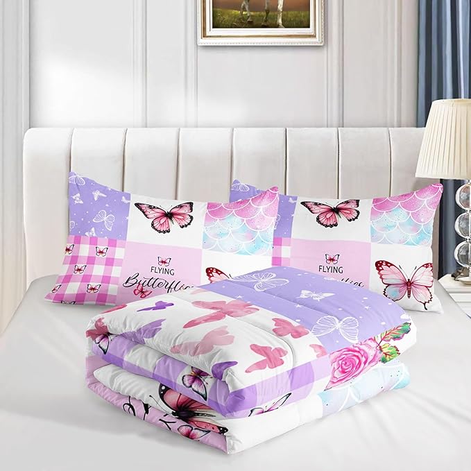 Datura home Kids Comforter Set Mermaid Scale Butterfly Printed Pattern Bedding Set with 1 Comforter and 2 Pillowcases for Girls Boys Bedroom All Season(Mermaid1 Twin)