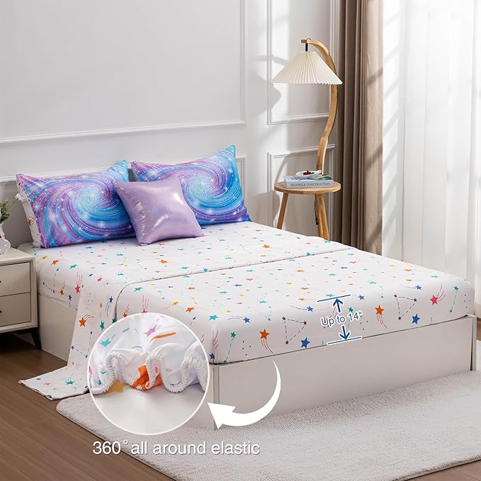 Btargot Super Soft 6 Pieces Gradient Star Ring Comforter Set, Colorful Glitter Rainbow Star Pattern Bedding Set for Boys Girls Teens, Queen Purple