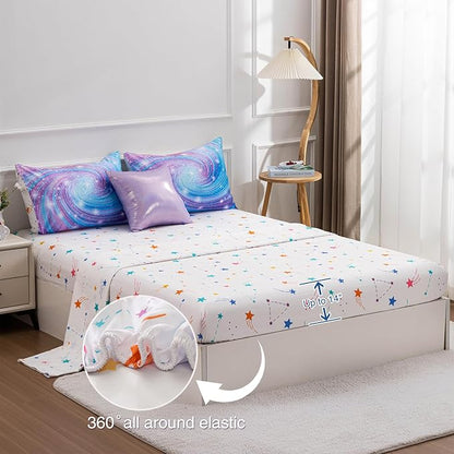 Btargot Super Soft 6 Pieces Gradient Star Ring Comforter Set, Colorful Glitter Rainbow Star Pattern Bedding Set for Boys Girls Teens, Queen Purple