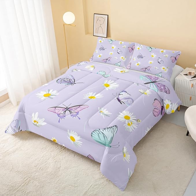 Butterfly Comforter Set for Kids Teens Girls Women,Daisy Kids Comforter,1 Comforter with 2 Pillowcase, Microfiber 3 Piece Bedding Set,for All Seasons(Purple，Queen Size)