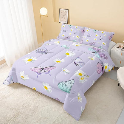 Butterfly Comforter Set for Kids Teens Girls Women,Daisy Kids Comforter,1 Comforter with 2 Pillowcase, Microfiber 3 Piece Bedding Set,for All Seasons(Purple，Queen Size)