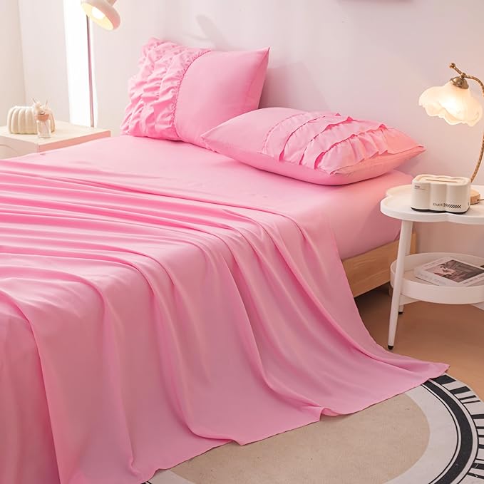 Pink Comforter Set Twin, 5-Piece Bed in a Bag Twin for Teen Girls, Pink Ruffle Bedding Set for Girls Kids, Teen Girls Bedding Sets,Princess Dress Comforter for All Season