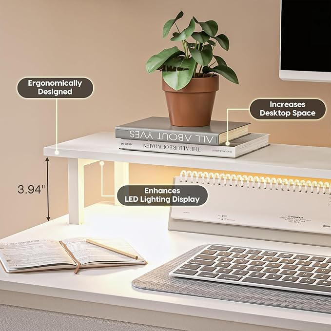 Computer Desk with Drawers and Storage Shelves, Home Office Desk with LED Lights & Power Outlets, Gaming Desk with Monitor Stand, Writing Study Desk, Kids Small Desk for Bedroom, White