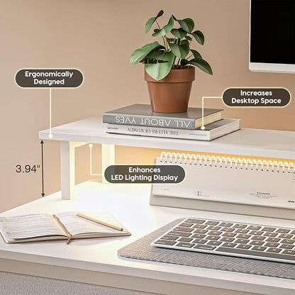 Computer Desk with Drawers and Storage Shelves, Home Office Desk with LED Lights & Power Outlets, Gaming Desk with Monitor Stand, Writing Study Desk, Kids Small Desk for Bedroom, White