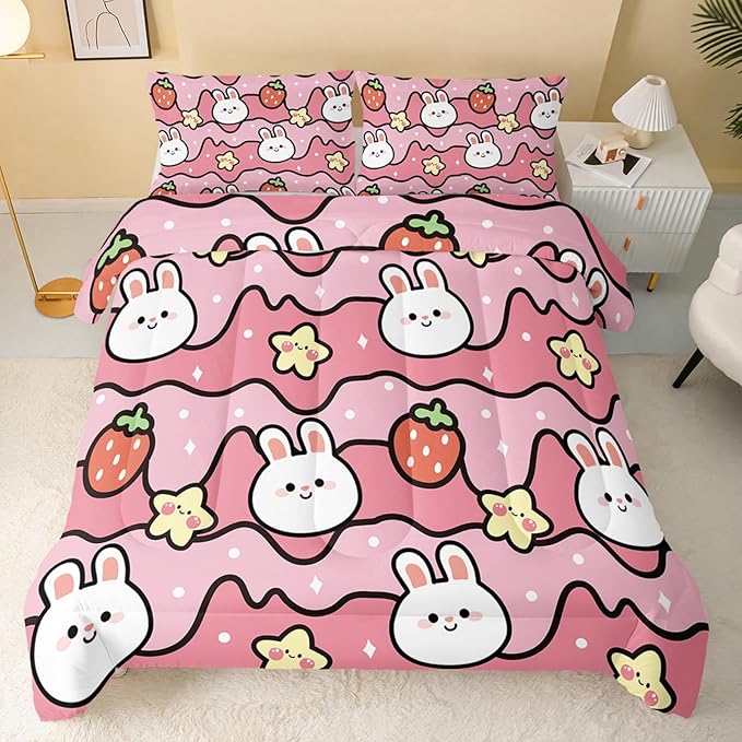 Kawaii Rabbit Comforter,Strawberry Rabbit Comforter Set for Kids Teens Girls,3Pcs Bedding Set Printed Comforter with 2 Pillowcases,Down Alternative,Soft and Lightweight(Pink，Full Size)