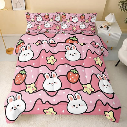 Kawaii Rabbit Comforter,Strawberry Rabbit Comforter Set for Kids Teens Girls,3Pcs Bedding Set Printed Comforter with 2 Pillowcases,Down Alternative,Soft and Lightweight(Pink，Queen Size)
