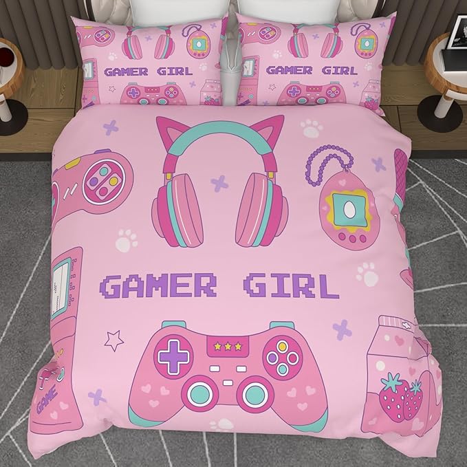 Video Game Queen Size Comforter Set for Girls Kids Teens 3D Gaming Controller Pattern Gamepad Print Bedding Set- 3 Piece Pink Quilt with 2 Pillowcases (90"x90")