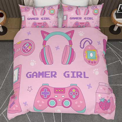 Video Game Queen Size Comforter Set for Girls Kids Teens 3D Gaming Controller Pattern Gamepad Print Bedding Set- 3 Piece Pink Quilt with 2 Pillowcases (90"x90")