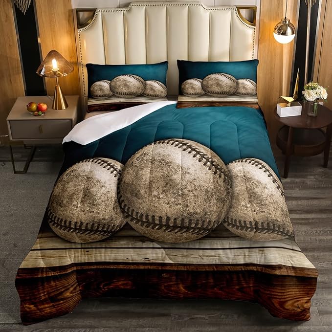 Erosebridal Teens Baseball Comforter Set Queen,Kids Retro Grunge Baseball Bedding Set for Boys Bedroom,Sports Games Bedding Comforter Set Teal Vintage Wooden Board Quilt Duvet Sets 2 Pillow Cases