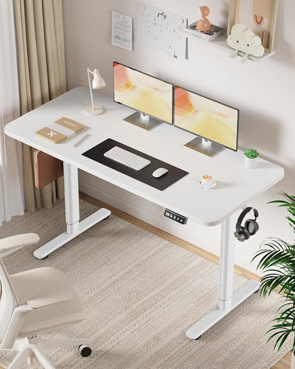 Electric Standing Desk Adjustable Height Stand Up Desk, 55" x 24" Sit Stand Desk, Low Noise Home Office Desk, Computer Desk with Splice Board, Child Lock & Memory Function, White