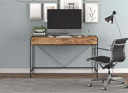 Safdie & Co. Computer Desk 49inch for Home Office and Small Spaces with 2 Drawers Brown Reclaimed Wood with Black Metal. Ideal for Writing, Gaming, Study, Work from Home.