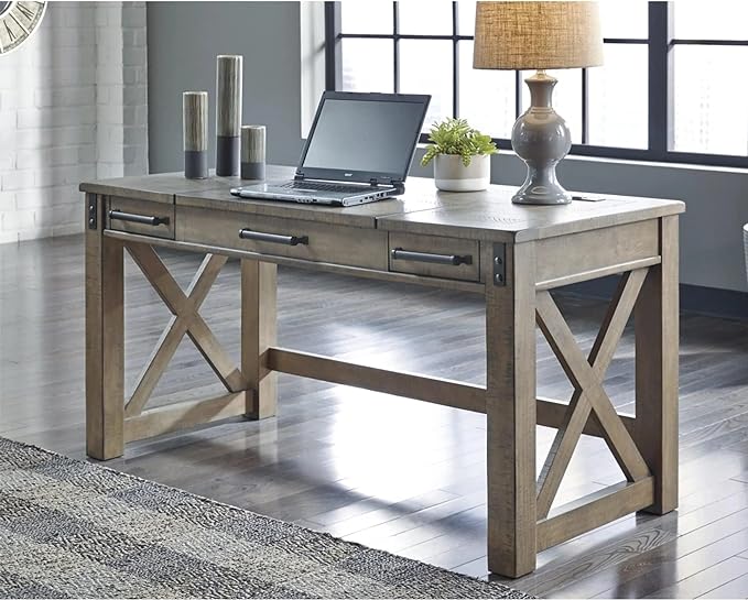 Signature Design by Ashley Aldwin Rustic Farmhouse 60" Home Office Lift Top Desk with Charging Ports, Distressed Gray