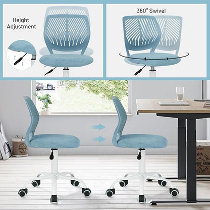 FurnitureR Kids Desk Chair, Small Mid Back Adjustable Swivel Computer Task Study Chair for Student, Fabric Armless Cute Rolling Children Office Chair, Light Blue