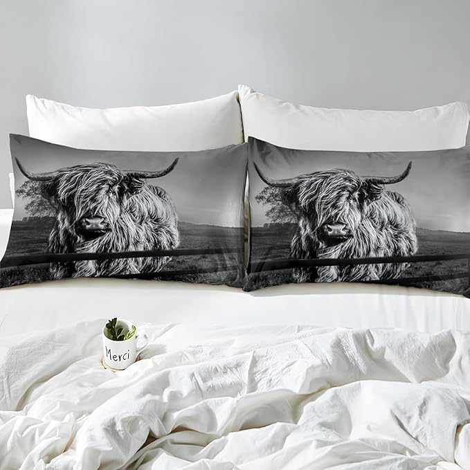 Highland Cow Bedding Set Full Size Grey Bull Cattle Comforter Set Funny Farmhouse Wildlife Animal Duvet Set for Kids Boys Girls Teens Western Cowboy Style Down Comforter Adult Bedroom Decor