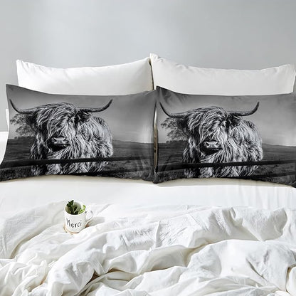Highland Cow Bedding Set Full Size Grey Bull Cattle Comforter Set Funny Farmhouse Wildlife Animal Duvet Set for Kids Boys Girls Teens Western Cowboy Style Down Comforter Adult Bedroom Decor