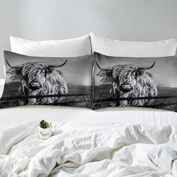 Highland Cow Bedding Set Queen Size Grey Bull Cattle Comforter Set Funny Farmhouse Wildlife Animal Duvet Set for Kids Boys Girls Teens Western Cowboy Style Down Comforter Adult Bedroom Decor
