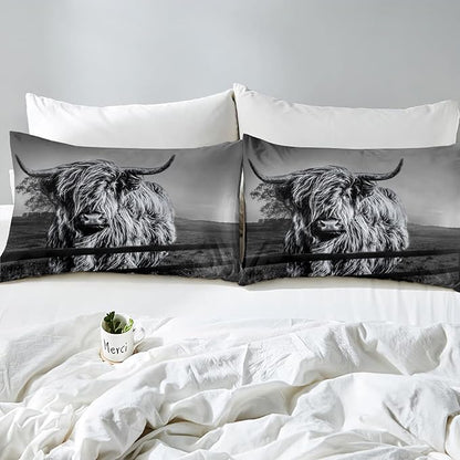Highland Cow Bedding Set Queen Size Grey Bull Cattle Comforter Set Funny Farmhouse Wildlife Animal Duvet Set for Kids Boys Girls Teens Western Cowboy Style Down Comforter Adult Bedroom Decor