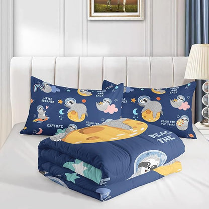 Kawaii Sloth Comforter Set 3 Pieces Outer Space Moon Cloudy Star Bedding Set Cartoon Animal Astronaut Bed Quilt Set for Girls Boys Kids with 1 Comforter and 2 Pillow Cases, Blue
