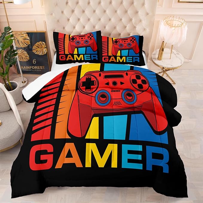 Gaming Comforter Set Queen Size for Boys Kids Game Room Decor Video Game Gamer Comforter Teens Bedroom Gamepad Bedding Set All Season